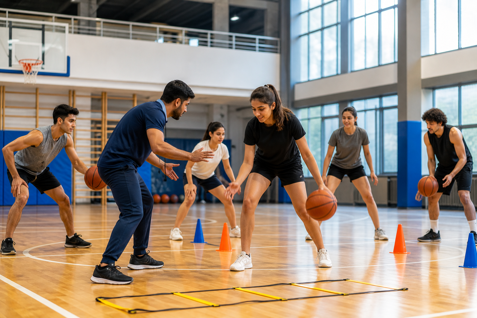 Students training in an indoor sports facility